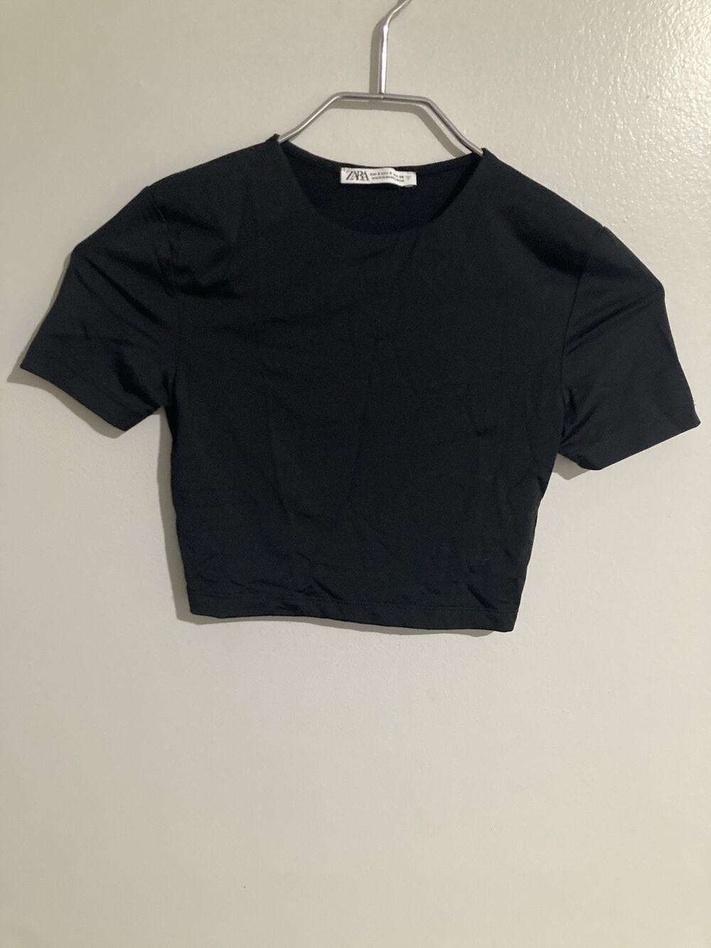 Zara Stretch Women's Size Small Black Crop Top Short Sleeve Casual Athleisure
